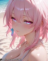 1girls absurd_res ai_generated beach beautiful big_breasts bikini blue_eyes blush breasts cleavage collarbone female gradient_eyes honkai:_star_rail honkai_(series) iaart_giwu_(artist) lips looking_at_viewer march_7th_(honkai:_star_rail) multicolored_eyes pink_eyes pink_hair solo