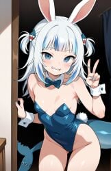 ai_generated bunny_ears bunny_tail bunnysuit gawr_gura hololive pansoorai peace_sign smile standing