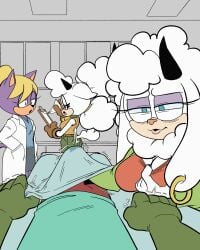 anonymous_artist anthro big_breasts bodily_fluids bovid breasts canid canine canis caprine cleavage clothed clothing ear_piercing female gadget_the_wolf genital_fluids group hi_res horn idw_publishing lanolin's_mother_(sonic) lanolin_the_sheep male male/female mammal piercing precum sega sex sheep sonic_(series) sonic_the_hedgehog_(comics) sonic_the_hedgehog_(idw) sonic_the_hedgehog_(series) stealth_sex trio wolf