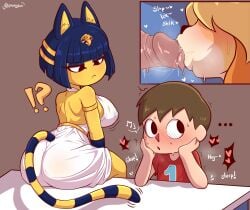 2025 absurd_res animal_crossing ankha_(animal_crossing) anthro blue_hair blush brown_hair canid canine canis clothing domestic_cat domestic_dog dress felid feline felis fellatio female female_on_human genitals group hair hi_res human human_on_anthro interrobang interspecies isabelle_(animal_crossing) licking looking_aside male male/female male_on_anthro mammal markings nintendo oral penile penis penis_lick prokylan red_clothing red_shirt red_topwear sex shih_tzu shirt sound_effects stealth_sex striped_markings striped_tail stripes tail tail_markings text tongue topwear toy_dog trio villager_(animal_crossing) white_clothing white_dress