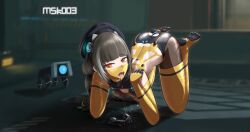 absurdres acmskoo3 all_fours anal anal_object_insertion ball_gag bodysuit bound bound_arms bound_legs breasts brown_hair cleavage cleavage_cutout clothing_cutout dildo_gag full_body gag girls'_frontline hat heterochromia highres human_dog latex latex_bodysuit looking_at_viewer low_twintails object_insertion open_mouth pet_play red_eyes restrained ro635_(girls'_frontline) saliva saliva_trail skin_tight small_breasts solo tam_o'_shanter teeth tongue twintails ungagged yellow_eyes