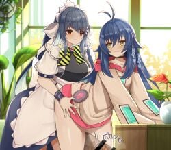 2girls :3 ahoge apron bar_censor black_choker black_dress blue_dress blue_hair blush brown_shirt censored choker commission dress female futa_with_female futanari hair_between_eyes hair_ornament hairclip highres huge_cock indoors intersex leaf long_hair long_sleeves looking_at_another maid maid_apron maid_headdress motion_lines multicolored_dress multiple_girls open_mouth orein original penis red_eyes rolling_eyes sex shirt sidelocks skeb_commission standing torso_grab variant_set vase white_dress window yellow_eyes zado_(rinaai_airina)