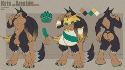 abs absurd_res animal_genitalia anthro anubis_(pal) ass back_muscles balls big_balls big_muscles big_penis black_body black_claws black_fur black_hair blonde_hair brown_body brown_fur claws corrsk dipstick_tail fur genitals green_eyes green_pawpads green_penis grey_body grey_fur hair hi_res humanoid_genitalia humanoid_penis kris_(zombiedwolf) long_hair male markings multicolored_body multicolored_fur multicolored_hair muscular muscular_anthro muscular_arms muscular_legs muscular_male muscular_thighs pal_(species) palworld pawpads penis pocketpair sheath solo tail tail_markings