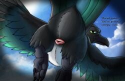 2024 4_toes ambiguous_gender animal_genitalia anisodactyl ass avian avian_butt avian_feet beak binoculars bird black_body black_feathers claws cloaca cloud corvid dialogue digital_media_(artwork) english_text eurasian_magpie feathered_wings feathers feet feral fol genitals green_eyes holarctic_magpie magpie_(corvid) male male_(lore) open_mouth oscine outside passerine simple_background sky soles solo talking_to_viewer talons text toe_claws toes white_body white_feathers wings