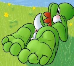 3_toes anthro anus ass backsack balls barefoot blush curling_toes dinosaur feet flower flower_in_mouth fol foot_focus genitals grass green_body green_scales green_yoshi hi_res humanoid_feet looking_at_viewer looking_back looking_back_at_viewer lying male mario_bros nintendo nude on_front outside plant plantigrade prehistoric_species reptile scales scalie simple_background smile soles solo solo_focus toes yoshi