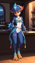 1girls 2025 ai_generated anthro avian beak blue_body blue_eyes blushing bottomless bottomless_female dancer dancer_outfit digitigrade female female_only generation_9_pokemon gold_jewelry hi_res indoors innie_pussy jewelry necklace nintendo pokemon pokemon_(species) pussy quaquaval smile white_body