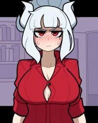 animated animated_gif balatro blush blushing demon demon_girl demon_horns eyelashes female female_focus female_only gif helltaker jumpscare lucifer_(helltaker) meme mole mole_under_eye muds red_eyes shirt sweat white_hair