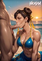ai_generated beach blowjob chun-li cum_in_mouth deepthroat fellatio hexynart outdoors street_fighter