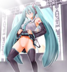 aqua_eyes aqua_hair bare_shoulders black_legwear blush concert detached_sleeves female hair_ornament hatsune_miku headphones highres kasuga_yukihito long_hair necktie no_panties pussy revision screen skirt skirt_lift solo stage sweatdrop tattoo thighhighs tied_hair twintails uncensored very_long_hair vocaloid