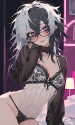 ai_generated bedroom black_hair blue_eyes blush blushing_at_viewer blushing_female emo glasses goth goth_girl lingerie nerd nerdy_female shy