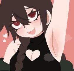 1:1 1girls akemi_akai alternate_version_available armpit_fetish armpits braid brown_hair cleavage cleavage_cutout dog_girl fangs female heart_cutout lineless musk musk_clouds original original_character pupn1k red_eyes smile transfem transgender