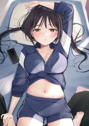 1boy 1girls absurdres arm_up barefoot blush book breasts brown_eyes brown_hair cellphone cleavage commentary_request dappled_sunlight female futon hand_on_leg highres indoors jacket large_breasts looking_at_viewer lying male messy_hair midriff navel on_back original out_of_frame panties panty_peek parted_lips phone pillow pink_panties pov shorts sitting soles sunlight sweat track_jacket track_suit twintails uiri-na uiri_na underwear unzipped wariza