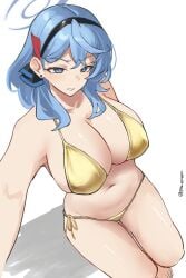 1girls big_breasts bikini blue_hair breasts golden_bikini pine_pinepin_(pinnn) pinepine1212 solo_female tagme