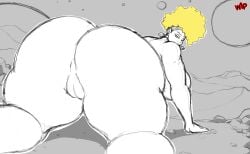 alien_planet ass_focus black_woman blonde_hair cameltoe demonroyal distant_planets earrings headband huge_ass jewelry lidded_eyes looking_back nikki_(demonroyal) on_all_fours planetoids rocky_terrain sketch skin_tight_outfit skin_tight_suit wip work_in_progress