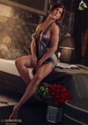 1girls 2025 3d barefoot brown_eyes brown_hair cleavage clothed clothed_female cocktail_dress deep_cleavage detailed_background dress eyeliner feet female female_only full_body hands_between_legs idylla indoors lara_croft light_makeup lip_bite long_hair looking_to_the_side medium_breasts nipple_bulge no_nude no_nudity non-nude non_nude pink_lipstick sitting sitting_on_bed solo tied_hair toes tomb_raider