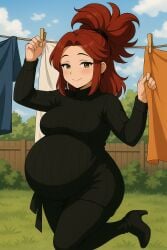 1girls ai_generated black_clothing brown_eyes female fully_clothed kya_nini mommy nini one_leg_raised pregnant pregnant_female red_hair solo tights vtuber