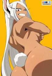 1girls ass ass_focus big_ass big_breasts breasts completely_nude covered_nipples dark-skinned_female dark_skin female female_focus female_only looking_at_viewer miruko my_hero_academia naked nude rabbit_ears rabbit_girl rabbit_tail red_eyes rumi_usagiyama smile sweat tsuranukko white_hair