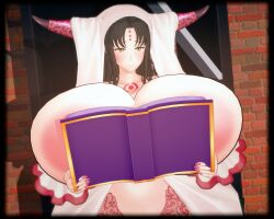 big_breasts book breasts fate/grand_order fate_(series) female horns koikatsu large_areolae large_breasts light-skinned_female light_skin long_hair long_nails sesshouin_kiara smile yellow_eyes
