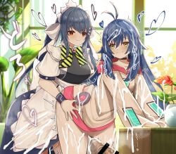 2girls :3 after_ejaculation ahoge apron bar_censor black_choker black_dress blue_dress blue_hair blush brown_shirt censored choker closed_mouth commission cum cum_on_body cum_on_clothes cum_on_hair dress excessive_cum facial female futa_with_female futanari grin hair_between_eyes hair_ornament hairclip highres huge_cock indoors intersex leaf long_hair long_sleeves maid maid_apron maid_headdress motion_lines multicolored_dress multiple_girls open_mouth orein original penis red_eyes rolling_eyes sex shirt sidelocks skeb_commission smile standing torso_grab variant_set vase white_dress window yellow_eyes zado_(rinaai_airina)