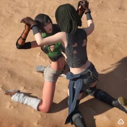 2girls 3d 3d_model anoral belly catfight desert exposed_breasts exposed_nipples fight fighting final_fantasy final_fantasy_vii kyrie_canaan long_hair ripped_clothing short_hair small_breasts thighs yuffie_kisaragi yuri