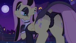 16:9 alternative_fashion bedroom_eyes black_clothing black_eyeshadow black_highlights bodily_fluids camel_toe canaryprimary clothing dock_(anatomy) dress equid equine eyelashes eyeshadow feathered_wings feathers female feral fluttershy_(mlp) friendship_is_magic fur genital_fluids genital_outline goth hair hasbro hi_res highlights_(coloring) hooves horse long_hair long_tail looking_at_viewer looking_back looking_back_at_viewer makeup mammal my_little_pony mythological_creature mythological_equine mythology narrowed_eyes night panties pegasus pink_hair pink_tail pony seductive smile solo tail underwear vaginal_fluids vulva_outline widescreen wings yellow_body yellow_fur