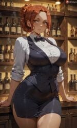 ai_generated amber_eyes bartender bigbizarts curvy_figure ginger_hair light-skinned_female messy_bun