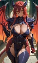 ai_art ai_generated armored_dress big_breasts bigbizarts breasts claws curvaceous dragon_girl dragon_horns dragon_humanoid dragon_tail dragon_wings light-skinned_female red_hair scaled_legs slit_pupils thick_thighs yellow_eyes