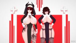 2girls 3d ass ass big_ass big_breasts big_butt breasts female milkyymomma nun tagme