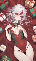 ai_generated christmas christmas_outfit elf elf_ears elf_female gift gift_box gift_wrapped lingerie petite petite_female shy thick_thighs