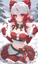 ai_generated bow christmas christmas_outfit cute elf elf_ears elf_female fluffy petite petite_female red_eyes red_hair snow
