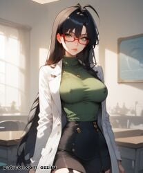 absurd_res ahoge ai_generated anime brown_hair eyewear female glasses hasegawa_chisato hi_res highres long_hair ozziru patreon self_upload shinmai_maou_no_testament sweater uncensored