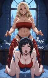 2girls abs ai_art ai_generated big_breasts breasts cute doggy_style female from_behind lezdom muscular muscular_female orgasm orgasm_face rengoart sexy sexy.ai sexy_body sexy_pose strap-on yuri