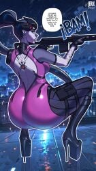1girls ass ass_focus back back_view backboob big_ass black_hair brown_eyes bubble_ass bubble_butt clothing dat_ass ear_piercing earrings female female_only footwear goggles goggles_on_head hair headwear heels high_heels holding_weapon huge_ass jerkdibuja looking_to_the_side onomatopoeia overwatch platform_heels ponytail purple_body purple_skin sniper solo solo_female spanish_text sparkles speech_bubble squatting tattoo tattooed_arm thigh_strap thighs translation_request weapon widowmaker