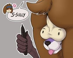 anthro balls balls_on_face billy_m.t. blush blush_lines canid canine cave_story duo fox genitals hi_res holding_object humor lagomorph male male/male mammal mimiga raven_ark raven_ark_(character) silly smile these_aren't_my_glasses tongue tongue_out