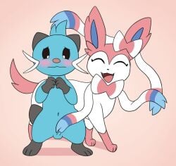 balls belly_button black black_ears black_feet black_hands black_tail cheeks completely_nude completely_nude_male danel dewott eeveelution eyes light_blue_body male/female nintendo nude nude_male otter penis pink_ears pink_paws pokemon pokemon_(species) sea_otter sylveon tickling_penis white_fur worried_look