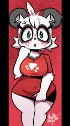 anthro bandage belly big_breasts black_body blue_eyes blush breasts cheek_tuft clothing clothing_pull cult_of_the_lamb eye_bags eyelashes facial_tuft female hi_res jalala_(cult_of_the_lamb) lhacedor looking_at_viewer mammal massive_monster_(studio) multicolored_body navel red_clothing scar solo thick_thighs topwear tuft two_tone_body white_body wide_hips wounded