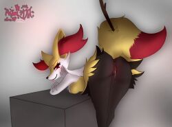 anthro anus ass astralia_(art) blep bodily_fluids braixen canid canine female fox fur generation_6_pokemon genital_fluids genitals hi_res mammal markings mole_(marking) nintendo pokemon pokemon_(species) presenting presenting_pussy pussy rear_view red_eyes simple_background solo tail tongue tongue_out vaginal_fluids watermark yellow_body yellow_fur