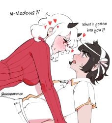 2girls angel angel_girl artist_request azazel_(helltaker) black_hair blue_eyes blush blushing_ears demon demon_girl dialogue female flustered halo heart heart-shaped_pupils hearts_around_head heavy_breathing helltaker horns horny horny_female imminent_lesbian_sex imminent_sex large_breasts lesbian modeus_(helltaker) on_top red_eyes red_sweater sinimon sinimonmon suit sweat sweater sweating tagme white_hair yuri