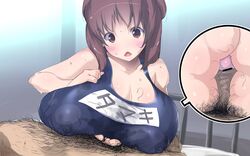 16:10 body_hair breast_press breasts brown_eyes brown_hair chirumakuro erect_nipples female highres huge_breasts male nipples open_mouth paizuri paizuri_under_clothes penis pubic_hair straight sweat