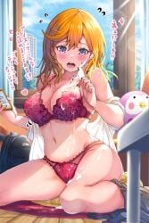alternate_breast_size bare_arms bare_belly bare_legs bare_shoulders bare_thighs belly_button big_breasts blush bow_panties bra breasts cleavage collarbone food_on_body food_on_breasts food_on_legs indoors lace-trimmed_bra lace-trimmed_panties love_live! love_live!_superstar!! medium_hair moridam open_mouth orange_hair panties popsicle red_bra red_panties shibuya_kanon shirt_partially_removed sitting sweatdrop thighs underwear