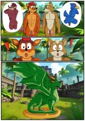 activision anthro avian balls bandicoot bird blue_body blue_feathers canid canine ciel-wolf comic crash_(series) crash_bandicoot crossover crunch_bandicoot dragon duo falco_lombardi feathers forest fox fox_mccloud fur genitals horn jungle male male/male male_only mammal marsupial muscular muscular_anthro muscular_male mythological_creature mythological_scalie mythology nintendo nude orange_body orange_fur outdoor_nudity outside penis pink_penis plant red_body red_fur scalie sculpture spyro_the_dragon star_fox statue tree