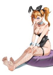 alternate_hairstyle bare_arms bare_shoulders black_leotard blush breasts bunny_ears bunnysuit cleavage collarbone detached_collar feet fishnet_thighhighs fishnets hands_on_own_knees highleg_leotard leotard love_live! love_live!_superstar!! medium_breasts open_mouth orange_hair ponytail purple_eyes shibuya_kanon shiny_skin sitting strapless_leotard thighs toes wrist_cuffs yzlkun