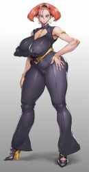 1girls annqi bare_shoulders bent_over black_bodysuit bodysuit bonten breasts cleavage curvy earrings erect_nipples erect_nipples_under_clothes eyelashes eyeshadow gundam gundam_gquuuuuux half-closed_eyes hand_on_own_hip huge_breasts jewelry makeup orange_hair shiny_skin standing thick_thighs thighs wide_hips