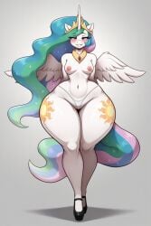 ai_generated big_hips equine fit hasbro high_heels hunkbsaa my_little_pony nipples pegasus_wings pink_nipples princess_celestia_(mlp) small_breasts thong unicorn_horn white_thong
