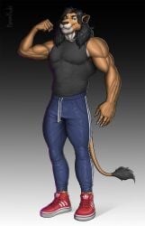 2024 4_toes 5_fingers anthro barakkuda biceps big_muscles biped black_clothing black_hair black_nose black_pawpads black_shirt black_tank_top black_topwear broad_shoulders cheek_tuft chest_tuft chin_tuft claws clothed clothed_anthro clothed_male clothing facial_tuft feet felid finger_claws fingers fist flexing flexing_bicep forearm_muscles front_view full-length_portrait fur gradient_background green_eyes hair hi_res jogging_pants lion long_hair looking_at_viewer male mammal muscular muscular_anthro muscular_male pantherine pawpads paws plantigrade portrait pose serratus shaded shirt simple_background smile snaggle_teeth soft_shading solo standing tail tail_tuft tan_body tan_fur tank_top toe_claws toes topwear tuft vein veiny_arms white_body white_claws white_fur