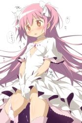 alternate_hairstyle blush dress female flat_chest gloves gold_eyes hairbow human long_hair madoka_kaname mahou_shoujo_madoka_magica masturbation moritan open_mouth panties pink_hair pussy_juice solo space_clothes space_dress tied_hair twintails ultimate_madoka vagina white_dress white_gloves