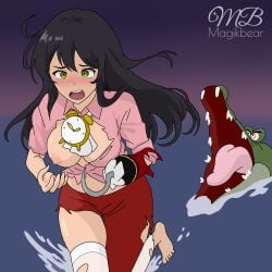 alarm_clock ascot barefoot black_hair blush captain_hook clock comeuppance disney_villains embarrassed_female exposed_breasts exposed_nipples genderswap_(mtf) green_eyes looking_down neverland one_breast_out one_nipple_out peter_pan_(disney) rule_63 running scared screaming stockings tick_tock torn_clothes wardrobe_malfunction
