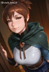 ai ai_generated artist_name belt blue_skirt breasts brown_eyes brown_hair closed_mouth dota_2 female green_cape green_capelet hood hood_down jewelry large_breasts lips looking_at_viewer marci ponytail short_hair skirt smile solo