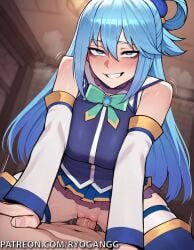 1female 1girls 2d 2d_(artwork) ai_generated alternate_breast_size aqua_(konosuba) ass big_ass big_breasts blue_eyes blue_hair breasts clothed clothed_female_nude_male clothed_sex female fucking kono_subarashii_sekai_ni_shukufuku_wo! large_ass large_breasts miniskirt no_panties patreon patreon_username pussy riding riding_penis ryogangg sex
