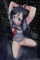 aragaki_ayase arms_up black_hair blush bondage bottomless breasts female handcuffs hetare_(pixiv) long_hair ore_no_imouto_ga_konna_ni_kawaii_wake_ga_nai pubic_hair purple_eyes pussy school_uniform serafuku solo sweat tear uncensored